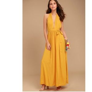 NWOT XS Lulu’s Mustard Yellow Wrap Maxi Dress